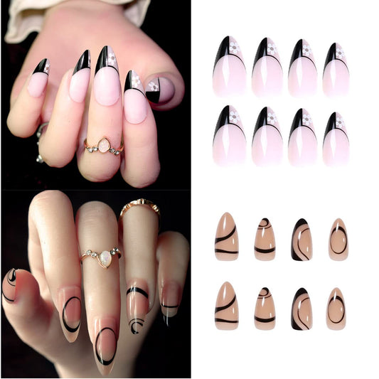 Press On Nails Short, Stripes French Fake Nails, 2packs (48 Pcs) Glossy Full Cover Acrylic Press on Nails Almond, Black Stick On Nails for Women and Girls