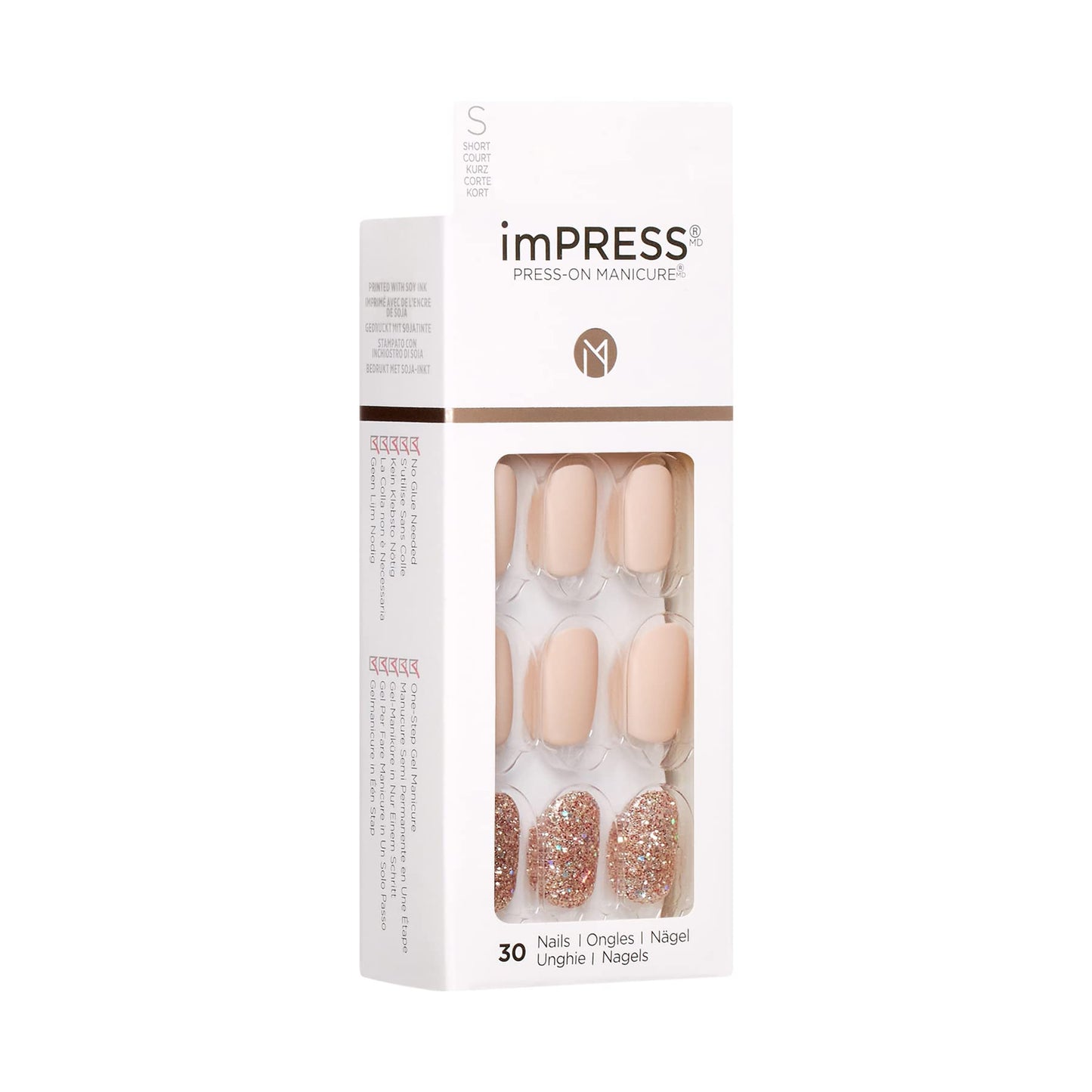 KISS imPRESS Press-On Manicure, Nail Kit, PureFit Technology, Short Press-On Nails, Evanesce, Includes Prep Pad, Mini File, Cuticle Stick, and 30 Fake Nails (Pack of 2)