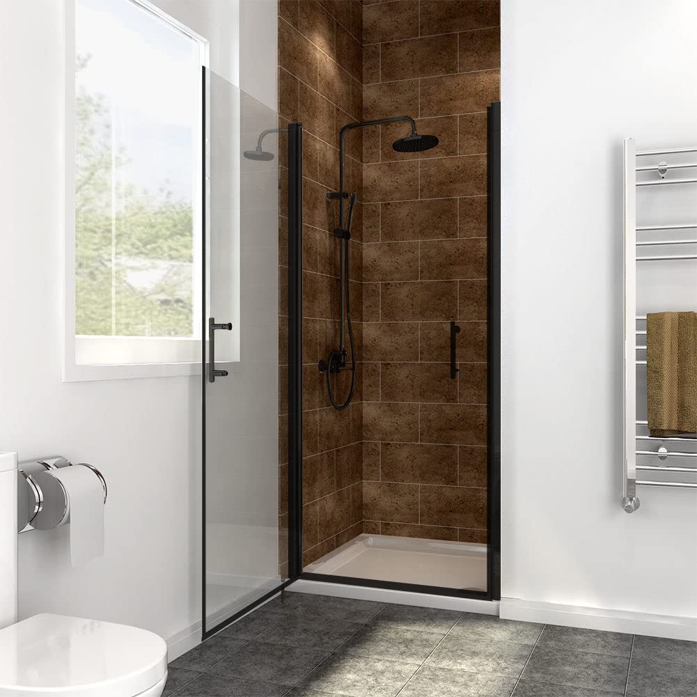SUNNY SHOWER Adjustable 27.5-29 in. W x 72 in. H Frameless Pivot Shower Door, Matte Black Hardware Finish, Certified Clear Tempered Glass Shower Enclosure