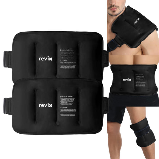 REVIX 16" × 9" Flexible Gel Ice Packs Reusable for Lower Back with Strap, Dual-Sided Soft Body Ice Wraps for Shoulder, Neck, Abdomen and Leg Relief, Black 2 Packs