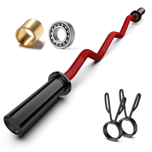 Olympic EZ Curl Barbell Bar 47",Mute Bearings - 2" Curl Bar for Weight Lifting, Hip Thrusts,Biceps,Squat-Home Gym Weight Bar-Chrome Curling Strength Training, 2Pcs Collars(800lbs Weight Capacity) (Red)