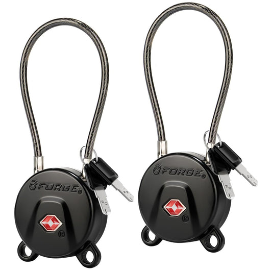 FORGE TSA Approved Luggage Locks Keyed Alike, TSA006 Dimple Key Travel Lock with Zinc Alloy Metal Body, Secure Cable Lock for Suitcase, Backpack, Luggage & Toolbox, Black 2 Pack.