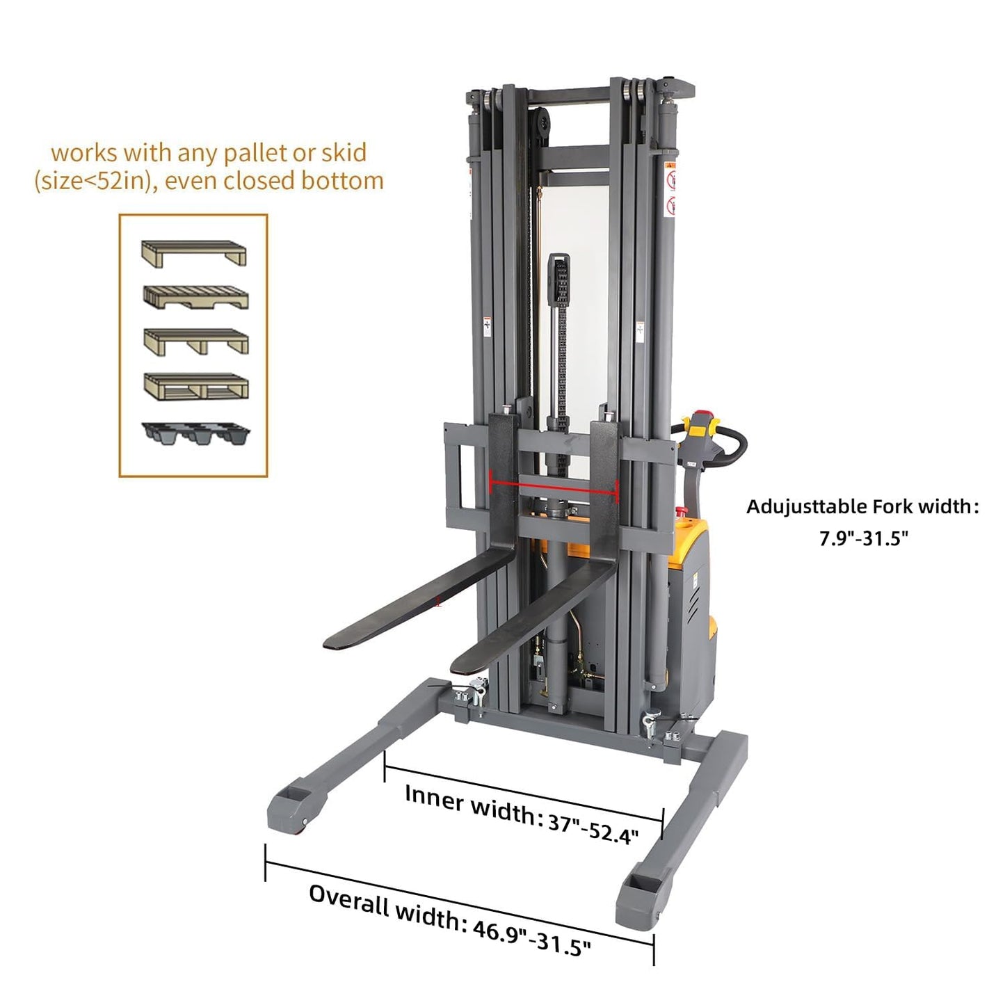 APOLLO Full Electric Pallet Stacker Powered Straddle Forklift with Straddle Legs 3300lbs Capacity 220''Lifting Height with Adjustable Forks Material Lifter