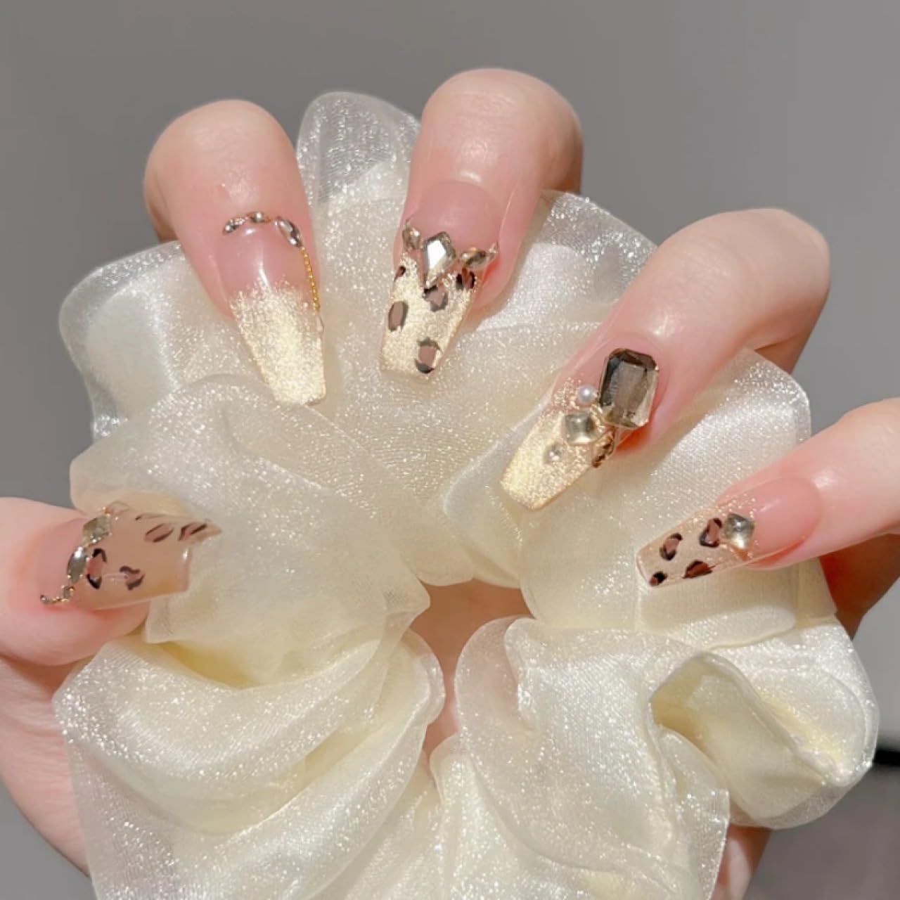 Handmade Press on Nails 10 PCS Long Square 3D Rhinestones & Leopard Print Cat Eye Size M Handmade luxury Layer Gel False Nails for Women (Pink&Gold)