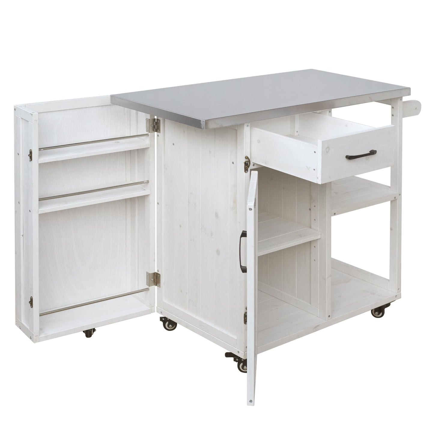 Merax 40.5" Outdoor Grill Cart Table with Storage Cabinet & Stainless Steel Top, Fir Wood Outdoor Kitchen Island on Lockable Wheels, Built-in Towel & Spice Racks for Patio BBQ Food Prep, White
