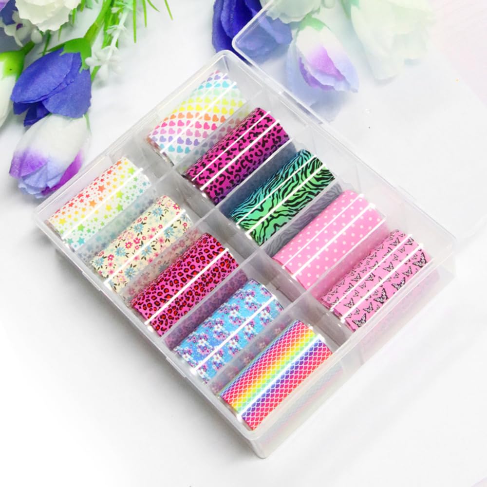 Candy Rainbow Nail Foils Transfer Nail Art Flower Nail Stickers Spring Summer Foil Nail Art Supplies 10 Rolls Leopard Print Star Heart Nails Foil Transfer Stickers Starry Sky Paper Manicure for Women