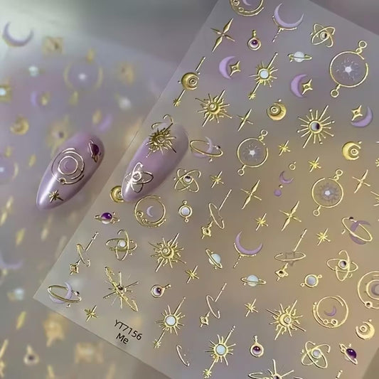 Star Moon Nail Stickers 5D Embossed Golden Planet Nail Art Decals 1PCS Purple& Golden Sun Stars Moons Planets Design 3D Self-Adhesive Nail Art Decorations Supplies Manicure Sliders for Women Girls