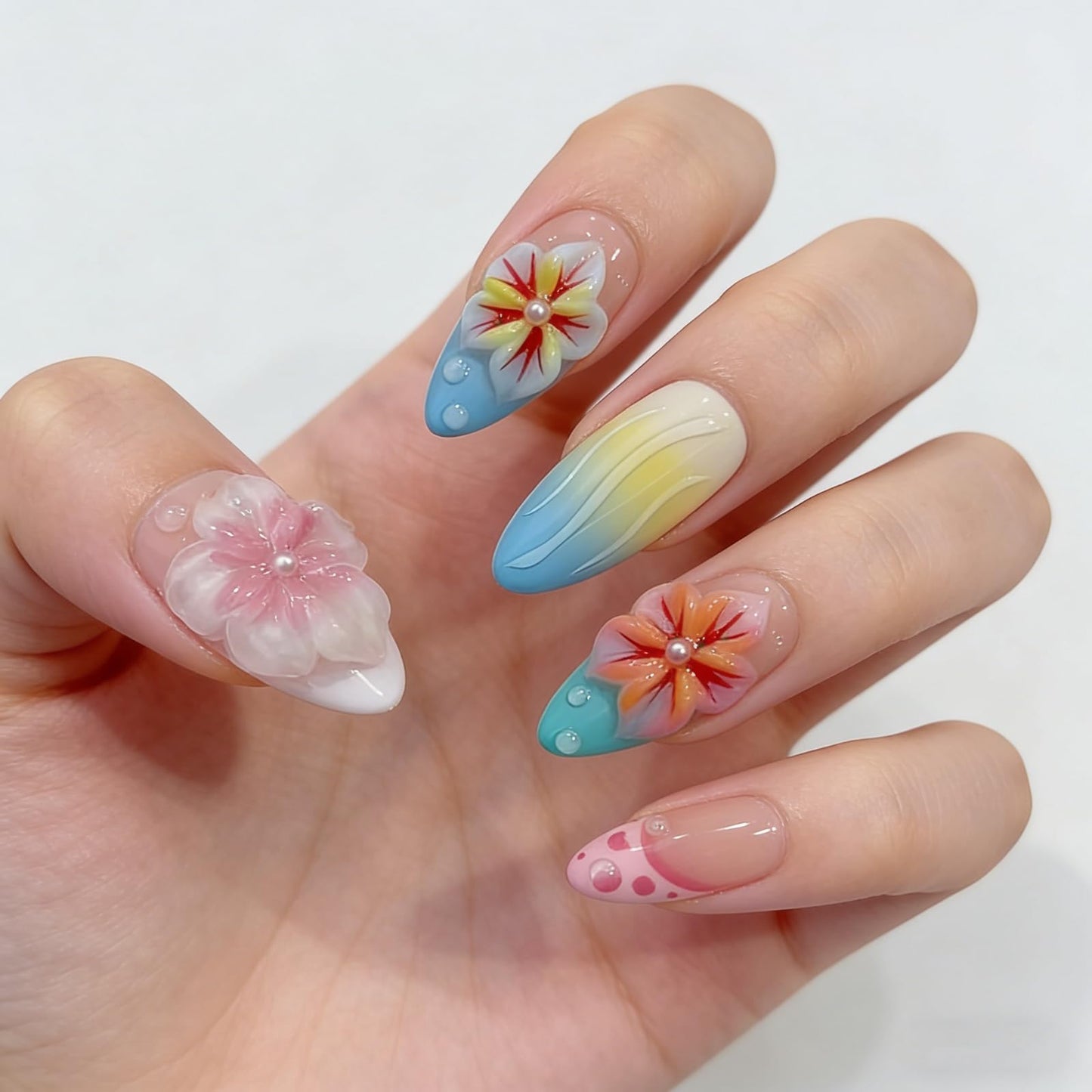Floral Handmade Medium Almond Press on Nails Nude Pastel 3D Floral Gradient Wave Pearl Details Glossy Finish Reusable Spring Nails Easy Apply Fashion Wear Durable Trendy Women Girls Nail Art 24 Pcs(S)