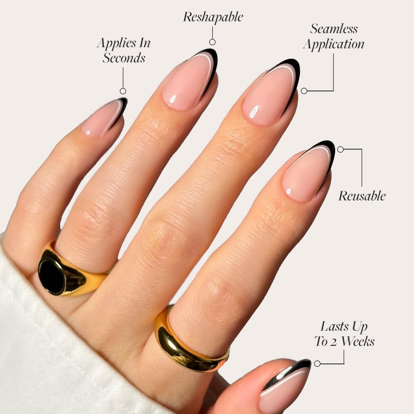 Glamnetic x GLAMZILLA Press-On Nails & Adhesive Nail Tabs - NO IN BETWEEN | Short Almond Fake Nails, Black & White Micro French Tips | 15 Sizes - 30 Nail Kit with Adhesive Tabs