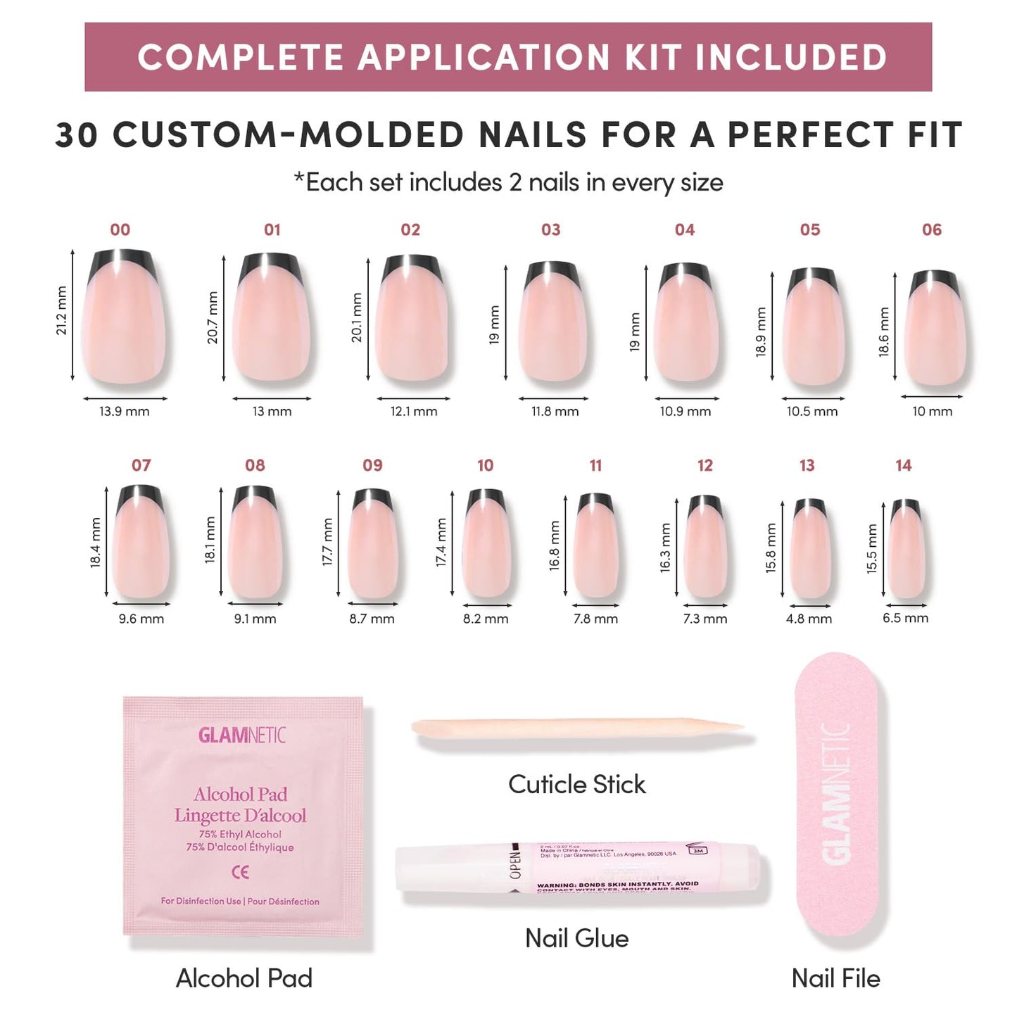 Glamnetic Press-On Nails Bundle - Burnt Miso, Squid Ink, Smoke Salt, Onyx Glaze & Balsamic Glaze | 5 Glazed Black French Tips in Super, Squoval, Short Oval, Short Round, & Medium Coffin |