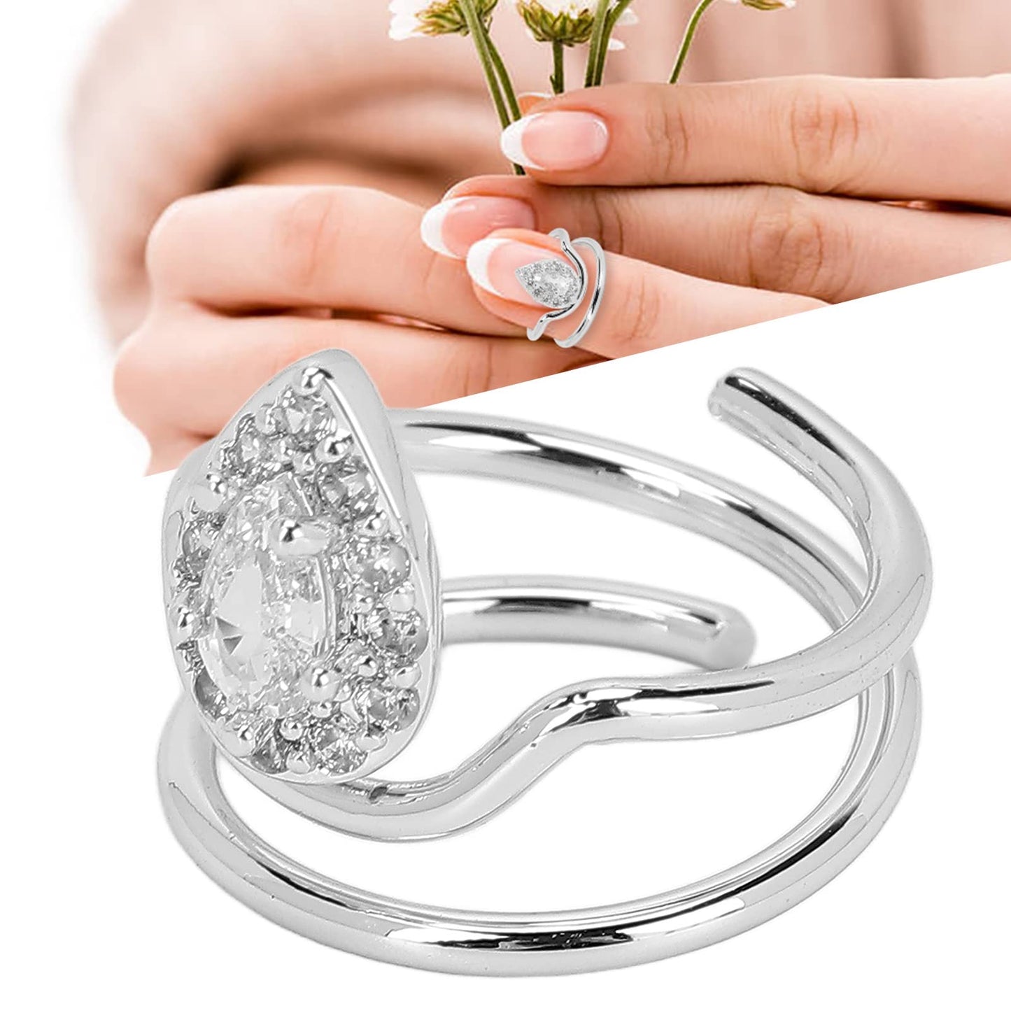 Rhinestone Nail Rings - Fingertip Jewelry for Nail Art Decoration - Valentine's Day Gift for Women (Platinum)