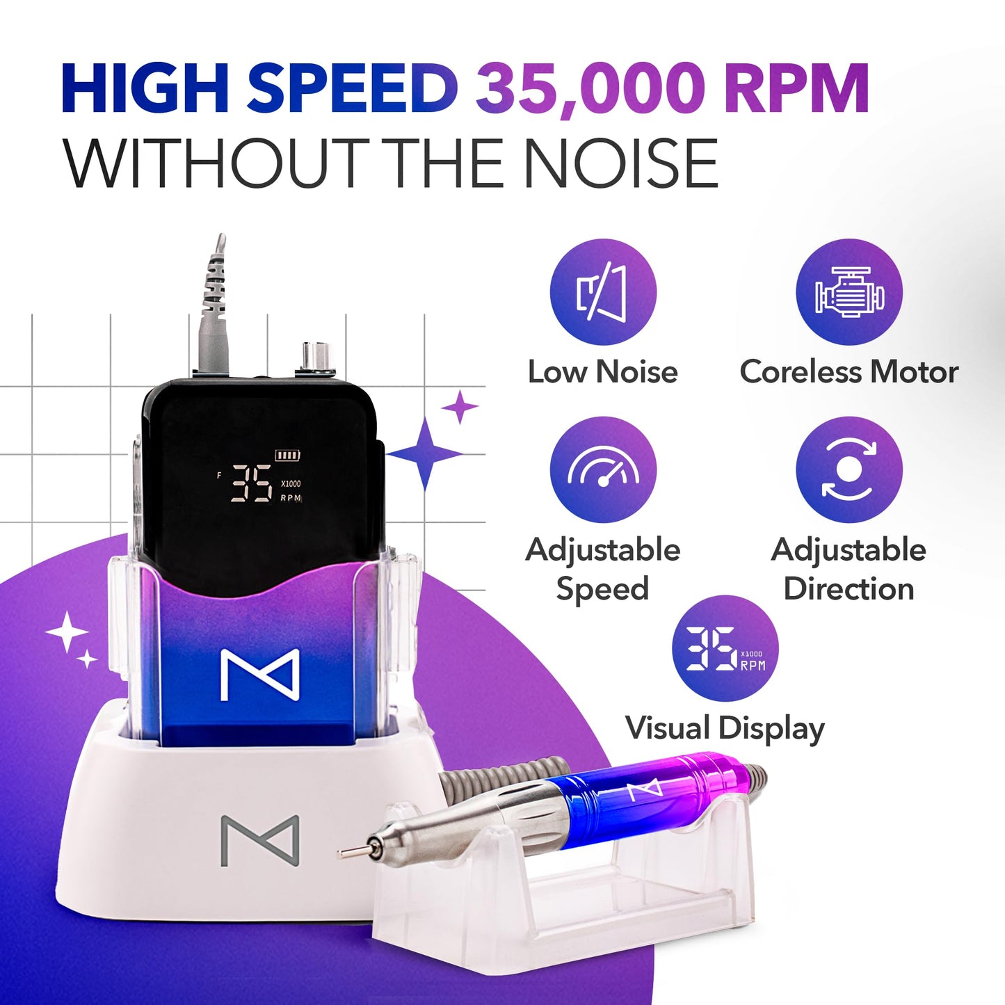 M Mase- Professional Nail Drill Machine - Coreless 2-in-1 Nail File - Electric, Cordless, 35000 RPM, HD Display - Electric Nail Drill for Professional & Home Use (Unicorn Pink Blue)