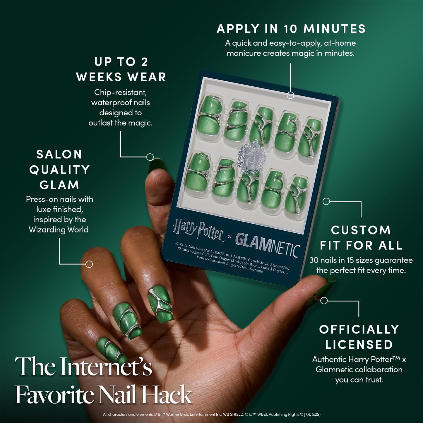 Harry Potter™ x Glamnetic Press-On Nails Bundle - Unicorn Blood, Dementor™, Lumos, Salazar Slytherin™ & Godric Gryffindor™ | Short Almond Fake Nails with Silver Chrome & 3D Swirl Design | Medium Almon