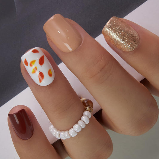 Curvlife Press On Nails – 30PCS Full Cover False Natural Fit Soft Gel Fake Nails Tips, Easy to Apply at Home Glue On False Nails Kit (Autumn-Inspired Brown Nails with Glitter and Leaf Design, Short)