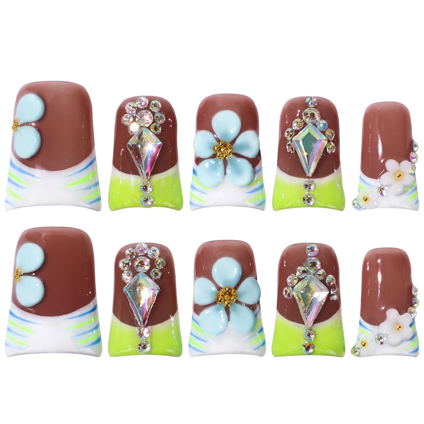 Buleens Handmade Press on Nails Acrylic Duck Nails-10pcs Short Fresh Summer Floral Crystal 3D Fake Nails Kits with Glue