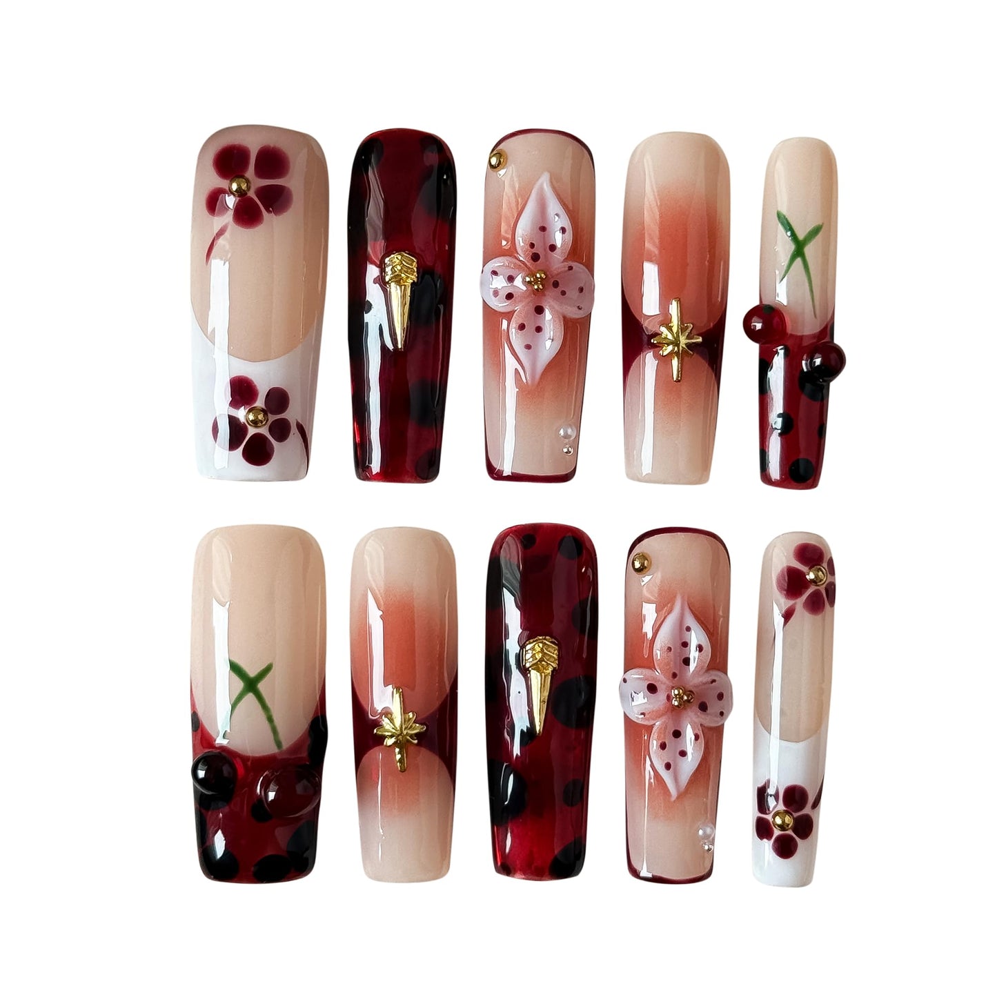 Rouge Sonata 10pcs Press On Nails for Women, Crimson Floral Golden Accent Acrylic UV Gel Wearable Nails, Korean Style Wine Red Gradient Cherry Blossom Fake Nails Set (Dark red, M)