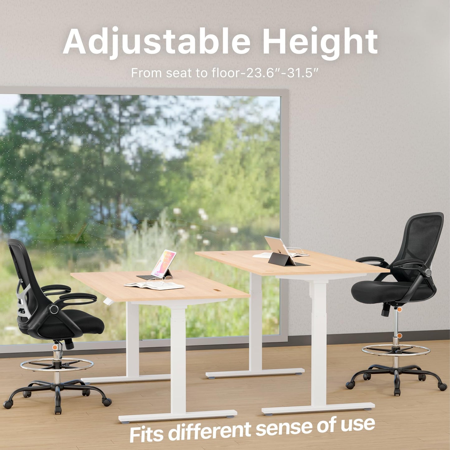 HYLONE Drafting Chair Tall Office Chair High-Back Mesh Standing Desk Stool with Adjustable Footrest Ring and Flip-Up Arms (Black)
