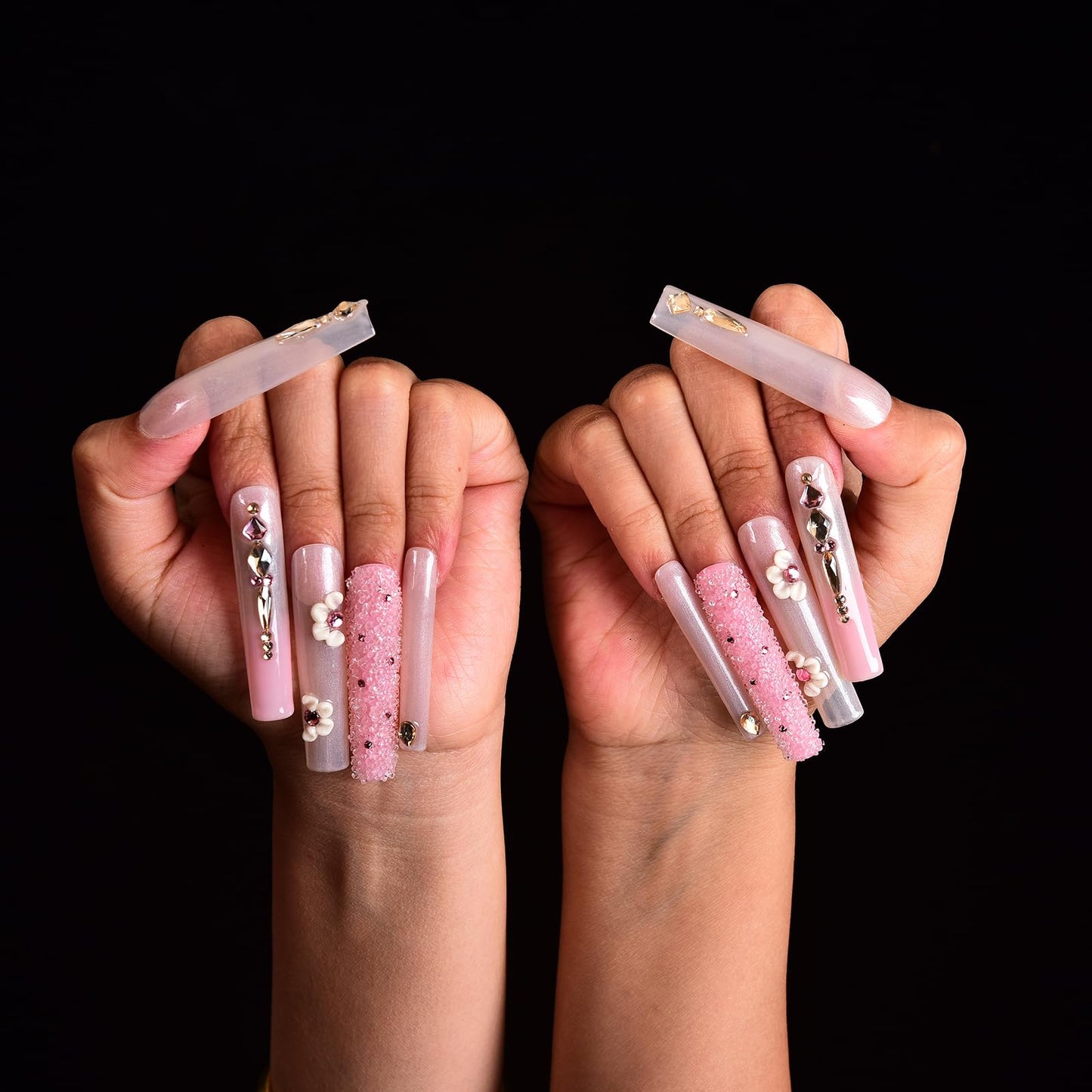 Tmani 10pc/set Extra Long Handmade Press On Nail Hot Girl's Long Ballet Nails Square Nail Full of Diamond Glitter Decoration Fake Nails Suitable For Girls Festival Parties and Birthday Gift (200,S)