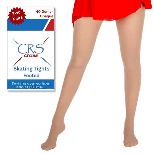 CRS Cross Skating Tights. 2 Pair of Footed Opaque Figure Skate Tights. Sheer 40 Denier Performance. Figure Skate Competitions, Ice Skating Practice, and Dance. (Children 6-8 Light Tan)