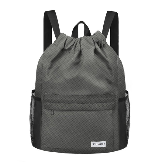 time2go Waterproof Drawstring Backpack Sports Gym Sackpack with Mesh Pockets Water-Resistant String Cinch Beach Bag for Men Women