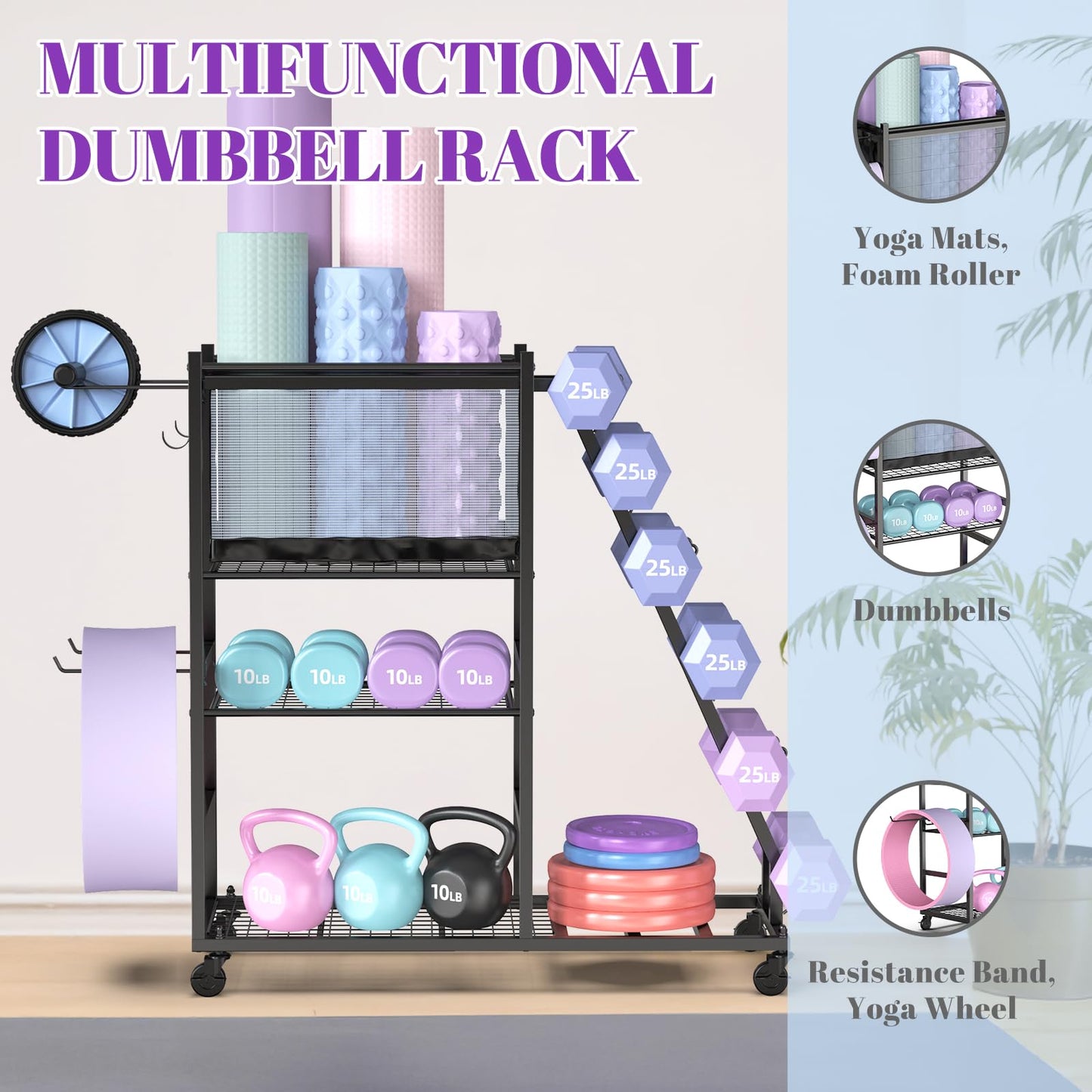 Mythinglogic Dumbbell Rack for Home Gym, Weight Rack for Dumbbells,Yoga Mat Holder for Yoga Mat and Kettlebells, Multifunctional Home Gym Storage Rack with Casters (New Black)
