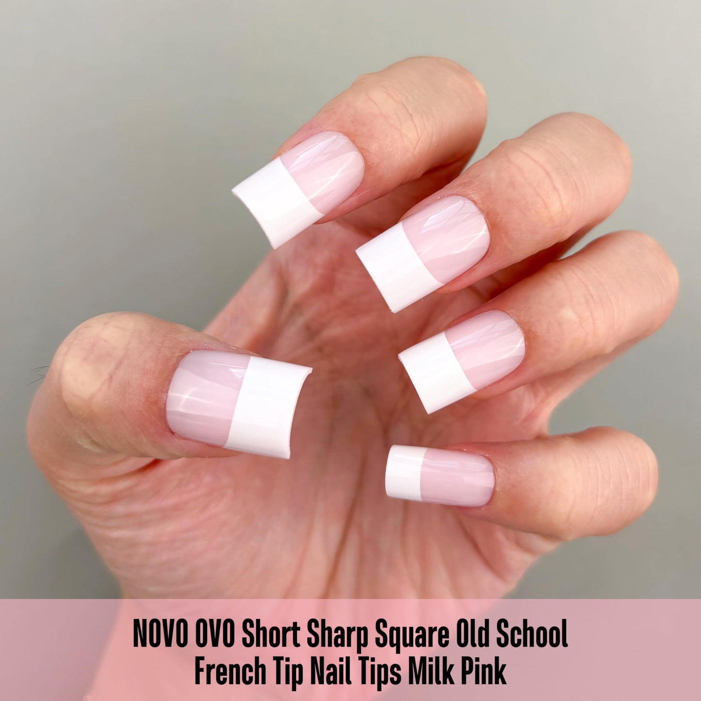 NOVO OVO Old School Wide White French Short Sharp Square Tip Nail Tips Press on MILKY PINK, Need Builder Gel Top Coat Nail Glue, Soft Gel Full Cover Fake Nail Extension, for DIY x 15 Sizes 240 pcs