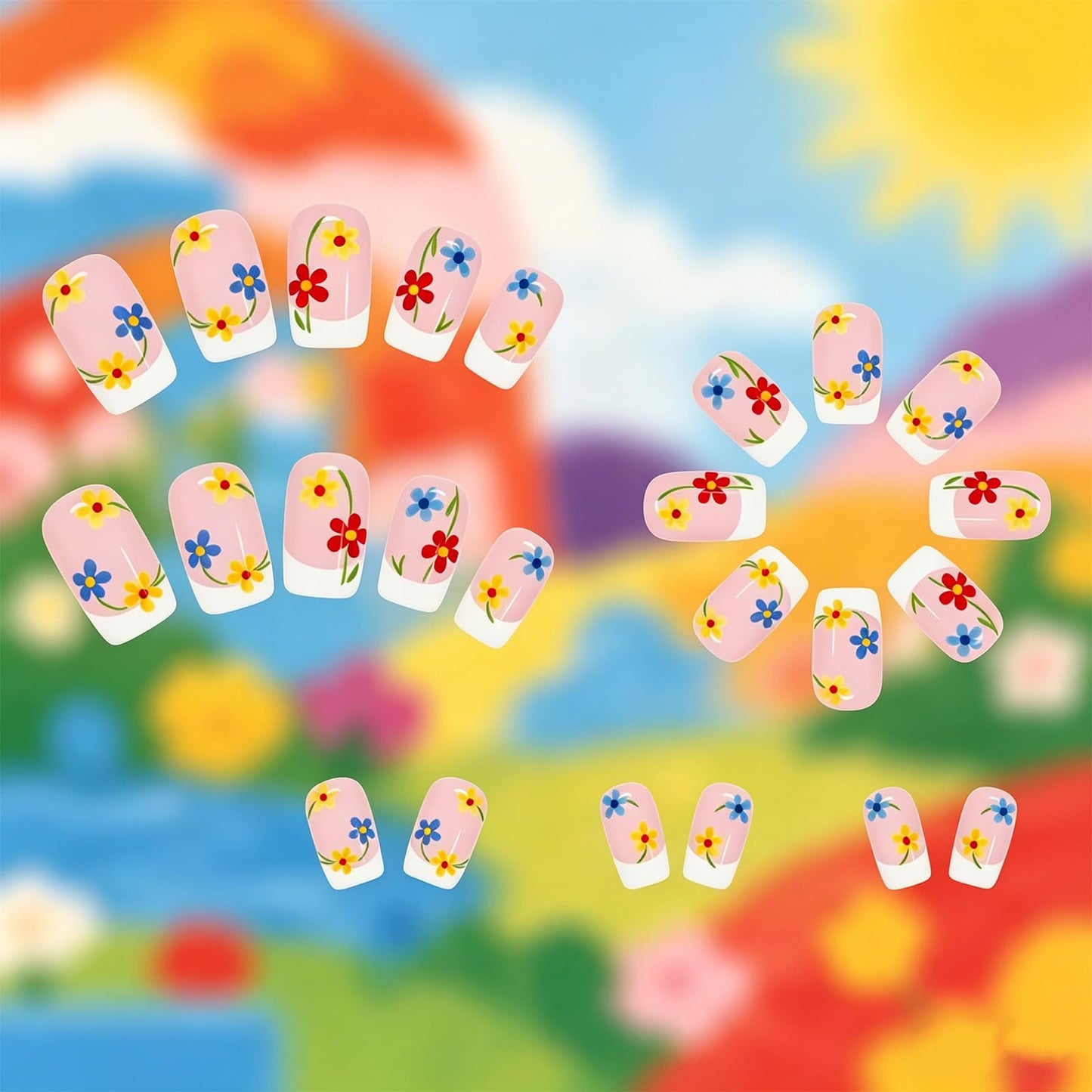 Floral Press on Nails Flower Fake Nails 24 Pcs HZJXRT Medium Square Stick on Nail Spring Flower Acrylic False Nail Glossy White French Tips Glue on Artificial Fingernails for Coquette Women