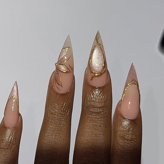 Mivota Medium Stiletto Press On Nails – Nude Pink with 3D Gold Chrome Design, 24PCS Acrylic Fake Nails Kit with Glue and Tools, Glamorous Glossy Stick On Nails for Women Party Wedding