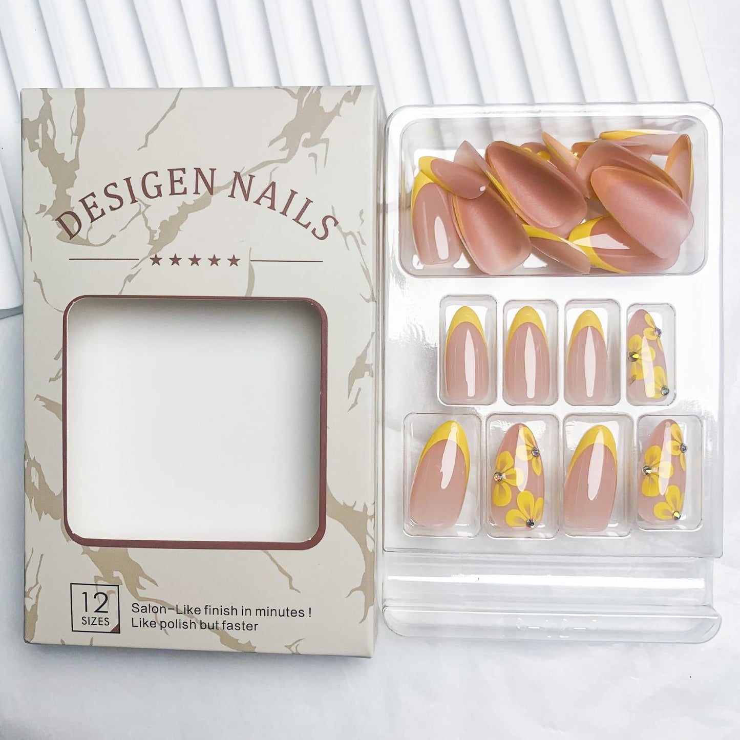 TOGZOM 30Pcs Almond Press on Nails Medium Yellow Flowers Fake Nails French Tips Nails Press ons Glossy Acrylic Nails with Rhinestone Glue on Nails Designs 15 Size for Women Manicure, Style10