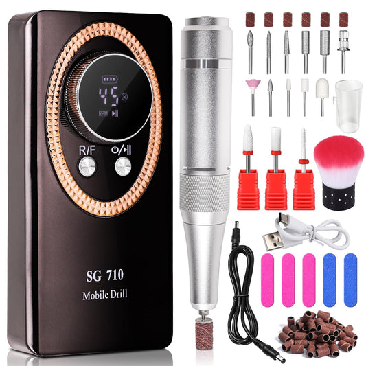 Electric Nail File for Acrylic Nail Kit 45000RPM Electric Black Nail Drill Professional Manicure Pedicure Set with Nail Drill Kit Bits Efile Cordless for Manicure