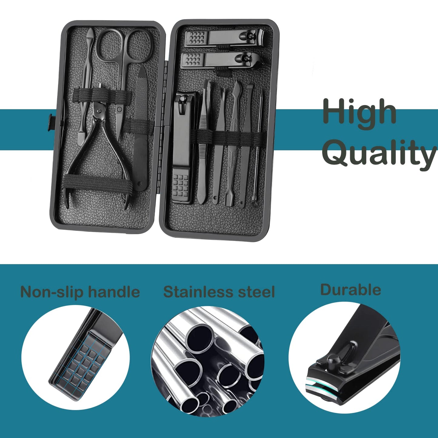 Manicure Set Nail Clippers Pedicure Kit -12PCS Stainless Steel Manicure Kit, Professional Mens Grooming Kits, Nail Care Tools with Luxurious Travel Leather Case Gift Box (12, Black)