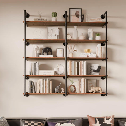 ONOTETUT Industrial Pipe Shelf 5 Tier,60 inch Industrial Wall Shelves with Solid Wood Plank,Pipe Shelving Wall Mounted for Farmhouse,Floating Pipe Book Shelves for Kitchen and Bar Shelving