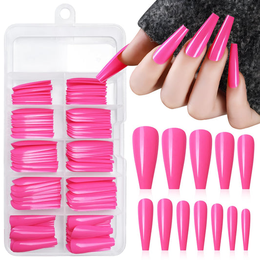 Lifextol Long Coffin Press on Nails Press ons, 100pc Hot Pink Press on Nails Long Fake Nails, XL Coffin Nails Full Cover Acrylic Pink Nails Colored Ballerina Press on Nail Long for Women Girls DIY