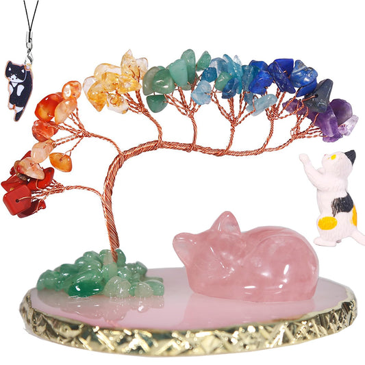 Dreamgirnh Opal Cat Chakra Crystal Tree and Healing Stones Cute Sleeping Cat Statue Lucky Kitten Figurine Office Bedroom Home Desk Fairy Garden Decoration cat Lovers Gifts for Women (Rose Quartz)