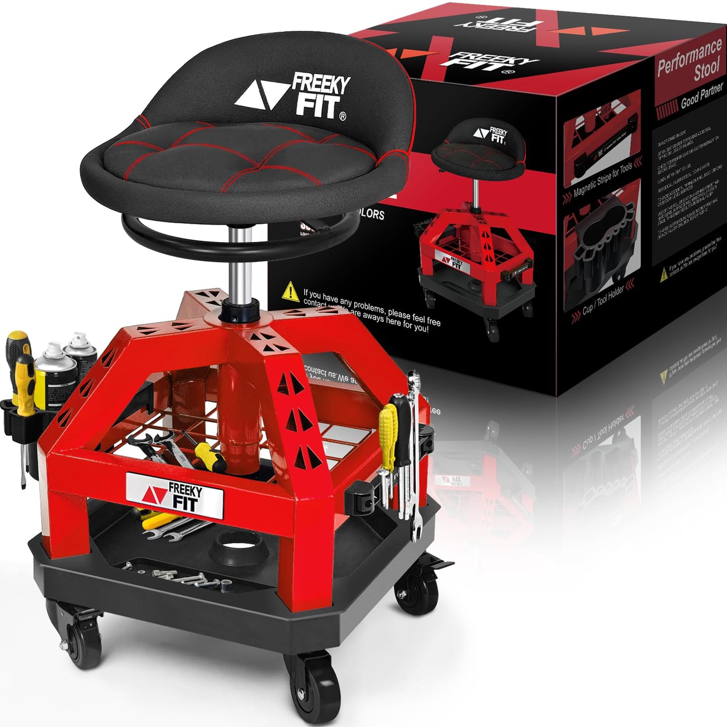 FreekyFit Rolling Shop Stool for Garage with Casters, DO02-Adjustable Height 360° Swivel Shop Seat with Tool Tray Storage, 330 LBS Capacity Padded Mechanic Stool, Magnetic Tool Hold, Heavy Duty, Red