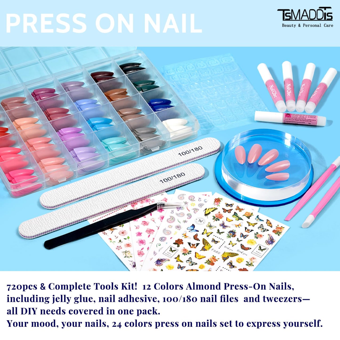 TsMADDTs Press On Nails Almond, 24 Colors 720 pcs Short Fake Nails with Glues, Stickers, Tweezer for Women