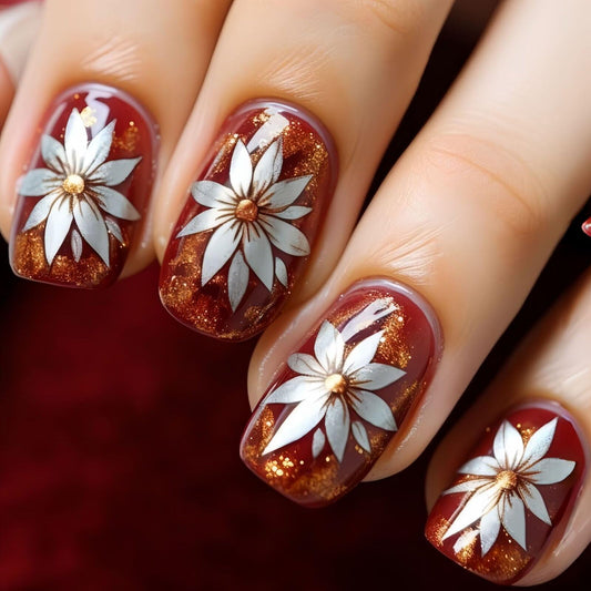 Medium Square Nails Burgundy Base Silver Bouquet Decoration Gold Stripes Glue on Nails Suitable for Manicure Artificial Nails Spring Fresh Style Elegant Shiny Delicate 24 Pcs