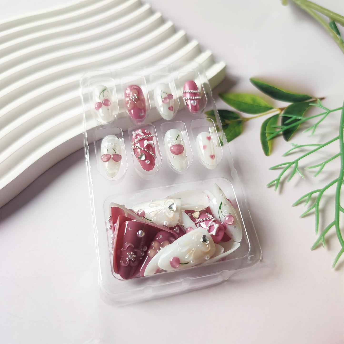 3D Flower Acrylic Fake Nail HZJXRT Press on Nails Glossy Spark Pink Stick on Fingernail 24 Pcs Love Heart Rhinestones Gel Glue on Nail Cherry Medium Almond False Nails for Coquette Women Gift