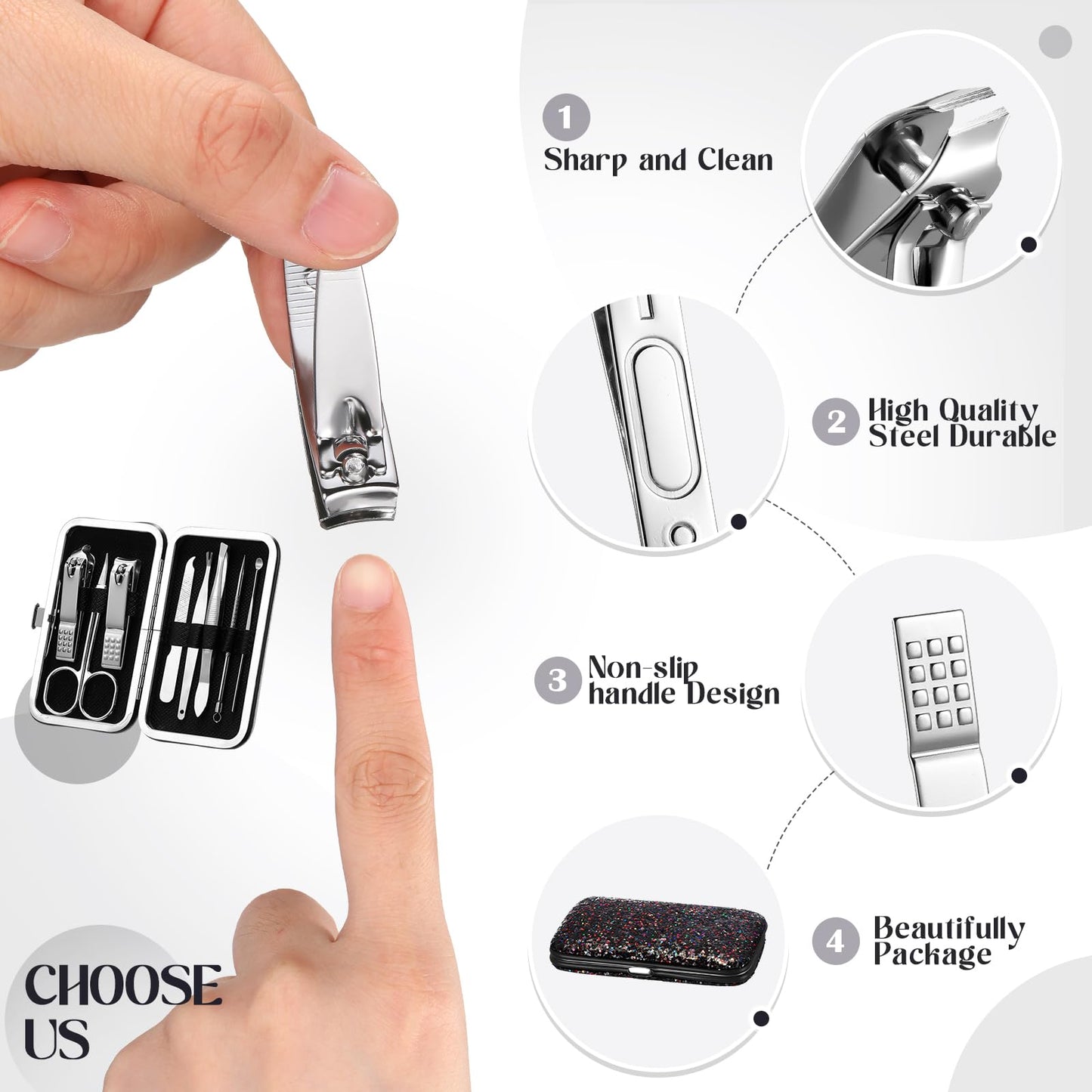 Geosar 12 Set 8 in 1 Manicure Gifts for Fathers Day Bulk Stainless Steel Nail Clippers Kit Pedicure Care Tools with Leather Case Travel Grooming Kit Gift for Women Men Hands Foot(Glitter Silver)