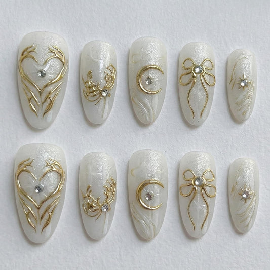 IMRAIN Handmade Press on Nails - Milky White Jelly with Gold Foil Luxury Art - 10Pcs Almond Shape Simple Elegant Minimalist Marbling Nails(m)