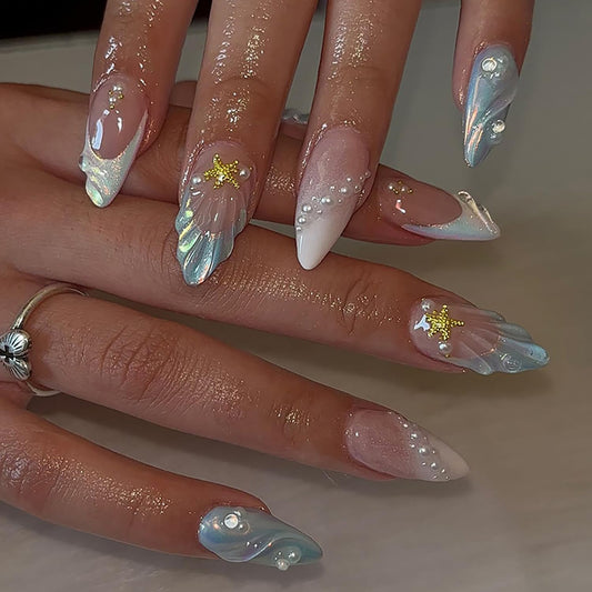 Press on Nails Medium 3D Stereoscopic Shell With Starfish Pearl Design - Full Cover Acrylic Almond Shaped Artificial Stick on Reusable Glue on for Women - Manicure Kit 24Pcs