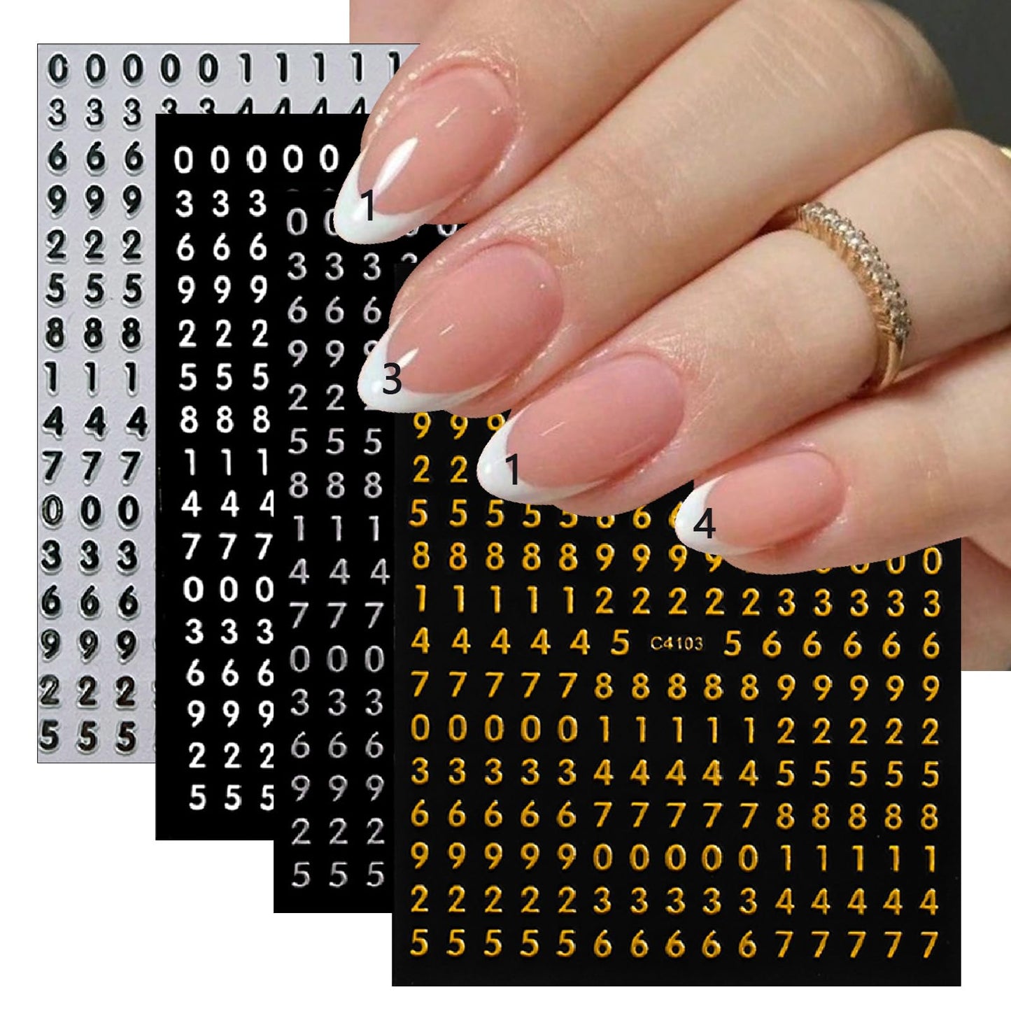 8 Sheets Holographic Digital Letter Nail Art Stickers 3D Self-Adhesive Black and White Letter Nail Stickers Gold and Silver English Characters Design Nail Supplies Women DIY Nail Art Decoration