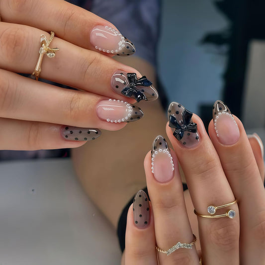 Polka Dot Press on Nails - Medium Almond Fake Nails with 3D Bow&Pearl Designs Brown False Nails French tip Glue on Nails Reusable Full Cover Stick on Nails for Women Manicure 24Pcs