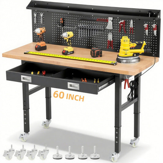 ENJOYWOOD Work Bench with Wheels 60 x 22 Inch Heavy Duty Rubberwood Tabletop Work Table Adjustable Height Garage Workbench with LED, Drawers, Pegboard, Power Outlets for Woodworking Shop, Home, Office