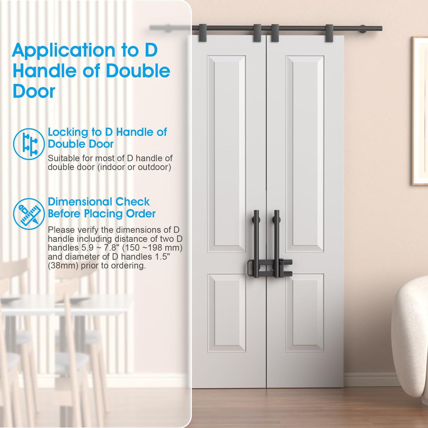 AST Double Door Security Lock, Keyed French Door Lockout Device, Reinforcement Lock for Knobs and Handle, Prevent Kick Ins, Childproof, Kids Proof Barricade (Matte Black with Snib and Cylinder)