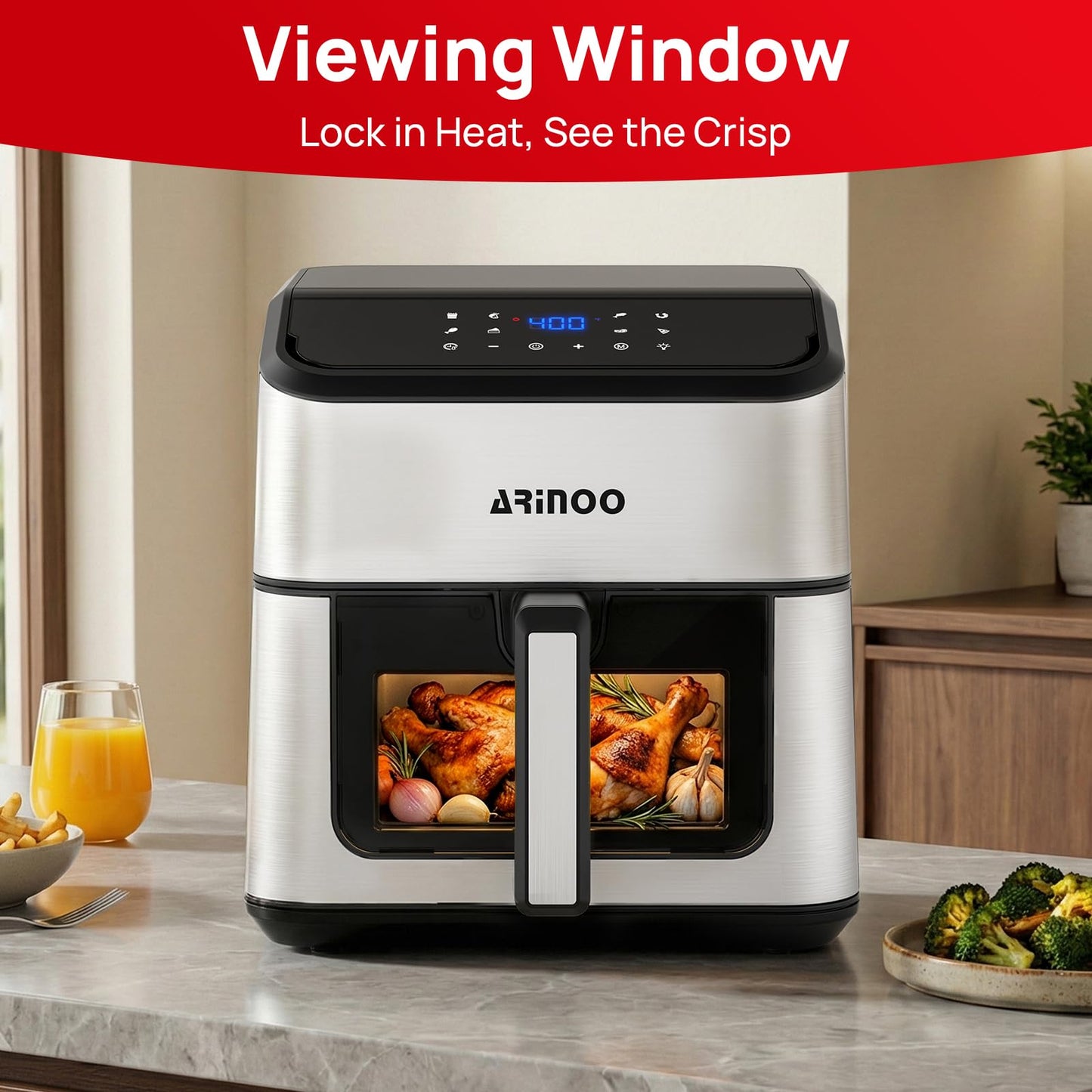 ARINOO Air Fryer Pro with Viewing Window, XL 8 Qt Family Size, 8 Presets French Fries, Chicken, Meat, Pizza, 360° Even Cooking, Recipe Book, 1500W, Nonstick Dishwasher-Safe Basket, 400°F, Black