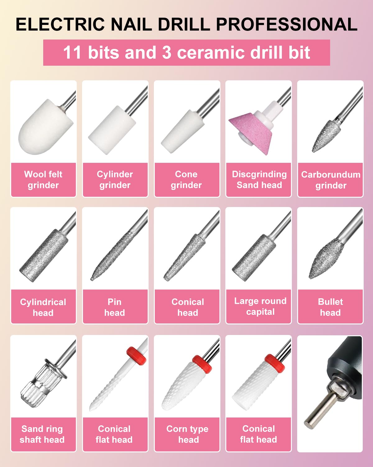 Moskany Professional Electric Nail Drill Kit 35000RPM with 14PCS Bits Pink Portable Rechargeable Cordless File Machine for Acrylic Gel Powder Nails and Manicure Pedicure Toenail Tool Salon Set