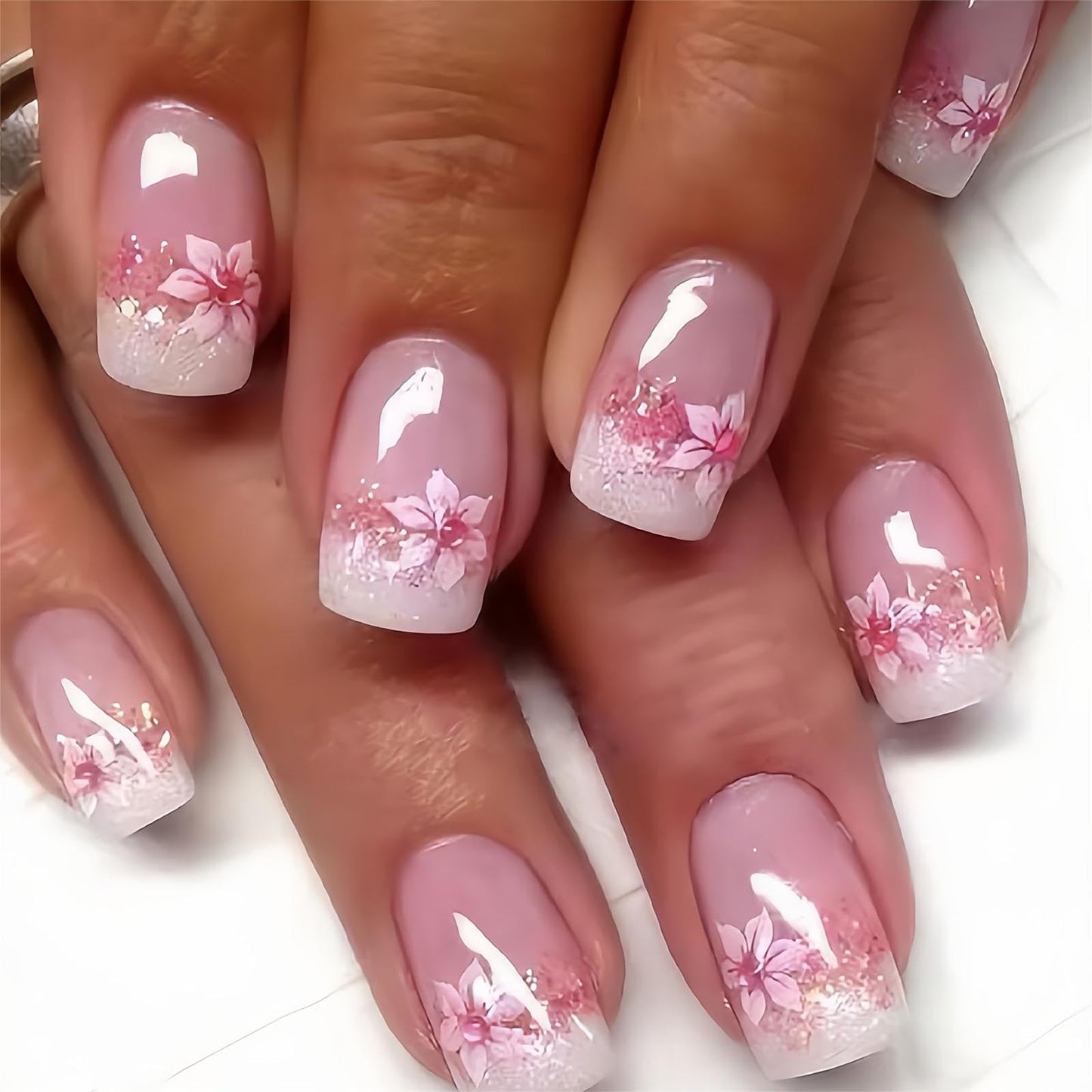 RTKHFZE French Tip Press On Nails - Acrylic Nails Press ons Medium Square fake Nails Pink Full Cover False Nails with Designs Glitter Flower Glue on Nail for Women and Girls 24Pcs
