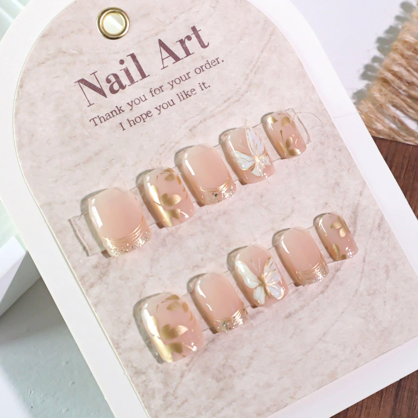 Short Square Press on Nails Gold Fake Nails Butterfly False Nails with Design Glossy Short Nail Press ons Full Cover Acrylic Nails for Women 24Pcs