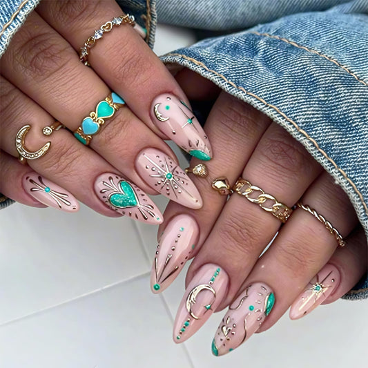 Long Press on Nails Almond Fake Nails Cute False Nails Pink Artificial Nails with Stars and Moon Designs HeartStick on Nails for Women 24pcs